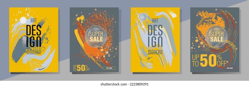 Сovers with brush strokes and splashes for books, magazines, catalogs. Universal abstract layouts.

