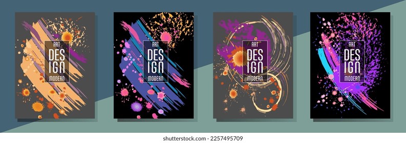 Сovers with brush strokes and splashes for books, magazines, catalogs. Universal abstract layouts.