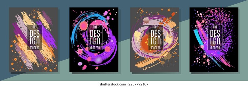 Сovers with brush strokes and splashes for books, magazines, catalogs. Universal abstract layouts.