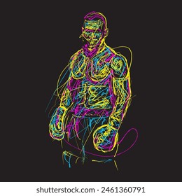 brush strokes with spontaneous flowing movements to form a simple abstract illustration of a boxing athlete with his expression