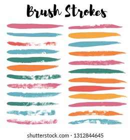 brush strokes spring set backgrounds. Paint lines grunge collection. Set of summer grungy hand painted brush strokes isolated on white. Abstract ink texture, design elements. Vector
