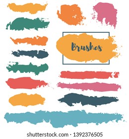 brush strokes spring set backgrounds. Paint lines grunge collection. Set of summer grungy hand painted brush strokes isolated on white. Abstract ink texture, design elements. Vector