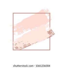 Brush strokes and square linear golden frame on white background.