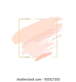 Brush strokes and square linear golden frame on white background. 