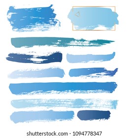 brush strokes stamps vector set background. Artistic blue lines grunge collection. Set of grungy hand painted sea brush strokes isolated on white. wavy watercolor line collection