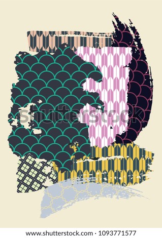 Brush strokes template vector. Artistic creative elements with Japanese pattern.