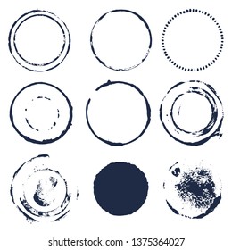 Brush strokes text boxes.  Grunge design elements.  Round frames Set. Dirty texture banners. Ink splatters. Painted objects.  Brush stroke ink texture for presentations, flyers, leaflets. EPS10.