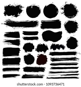 Brush strokes text boxes. Vector paintbrush set. Grunge design elements. Dirty texture banners. Ink splatters. Painted objects.