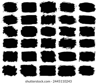 Brush strokes text boxes. Vector paintbrush set. Grunge design elements. Dirty texture banners. Ink splatters. Painted objects.