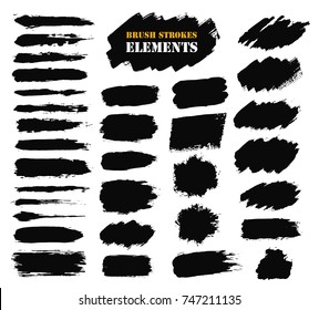 Brush strokes text boxes. Vector paintbrush set. Grunge design elements. Dirty texture banners. Ink splatters. Painted objects.
