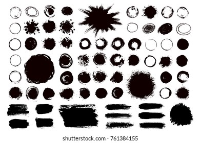 Brush strokes text boxes. Vector paintbrush set. Grunge design elements. Dirty texture banners. Ink splatters. Round, burst and rectangle painted objects.