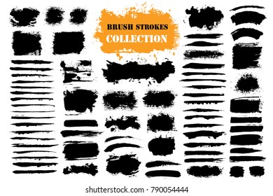 Brush strokes text boxes. Vector paintbrush set. Grunge design elements. Dirty texture banners. Ink splatters. Painted objects.