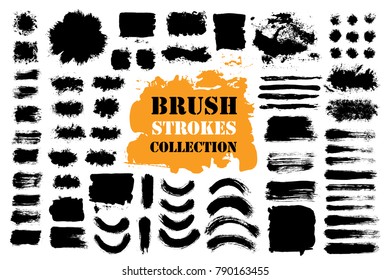 Brush strokes text boxes. Vector paintbrush set. Grunge design elements. Dirty texture banners. Ink splatters. Painted objects.