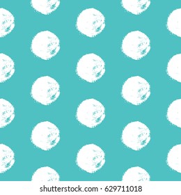 Brush strokes texture circle, hand drawn seamless pattern. White spots on turquoise background, vector illustration.