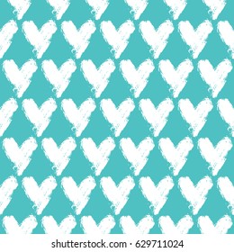 Brush strokes texture heart, hand drawn seamless pattern. White spots on turquoise background, vector illustration.