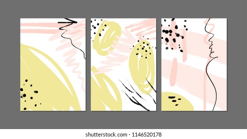 Brush strokes texture modern layouts set, covers, scribble stylish backgrounds, universal cards design. Triptych, room decor. Vector Illustration, clipart.