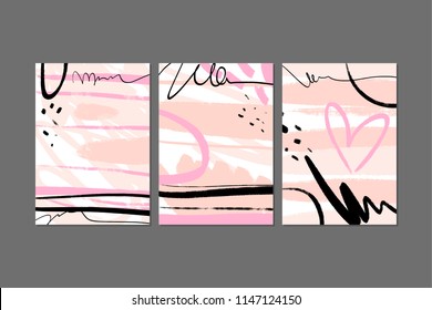 Brush strokes texture modern layouts set, covers, scribble stylish backgrounds, universal cards design. Triptych, room decor. Vector Illustration, clipart.