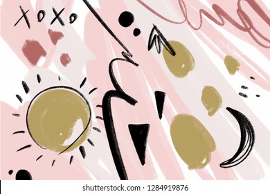 Brush strokes texture, scribble pattern background. Universal creative template for graphic design. Unique stylish modern painting, pastel color abstract poster with shapes for room decor