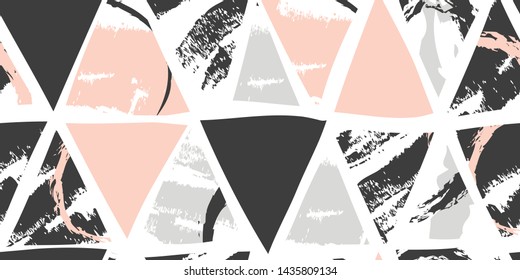 Brush strokes and triangles pattern. Pale pink, black and grey colors background. Stock vector