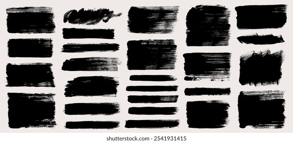 O pincel traça o conjunto de vetores. Coleção de planos de fundo de linhas e retângulos pintados. Texturas grunge longas e largas, elementos de design horizontal e diagonal Strip e quadrado