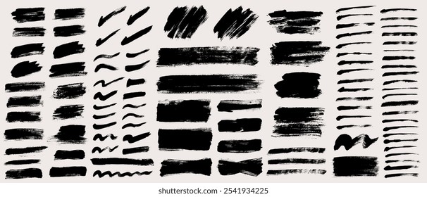 Brush strokes vector bundle. Painted line, wave, swoosh and rectangle backgrounds collection. Long and wide grunge textures. Hand drawn design elements