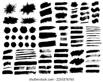 Brush strokes vector bundle. Wave flag-like, paint burst, swoosh, round square and rectangle shape of painted text boxes. Artistic paintbrush collection. Grunge design elements. Dirty distress texture