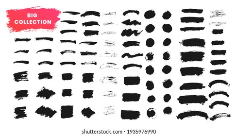 Pinselstriche, Vektorgrafik-Kollektion. Grunge-Pinselset. Schwarze Farbtinte Texturelemente
