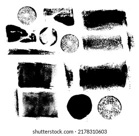 Colección vectorial de trazos de pincel. Elementos pintados aislados. Textura seca del pincel sobre el fondo de la tela. Formas diagonales, rectangulares, de línea y de círculo insignificantes
