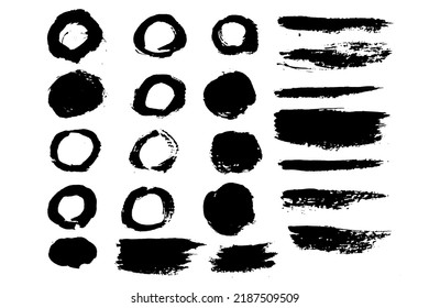 Brush strokes vector collection. Isolated painted elements. Dry brush texture on fabric background. Messy rectangle, round and circle shapes