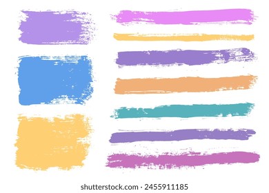 Brush strokes vector. Colorful backgrounds. Set of text boxes. Paintbrush collection. Grunge design elements. Dirty brush texture banners. Purple, blue, yellow, orange and pink brush strokes