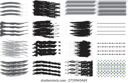 Pinceladas, manchas de pintura grunge de Vector, líneas discontinuas y divisores artísticos de patrones de semitonos aislados en blanco