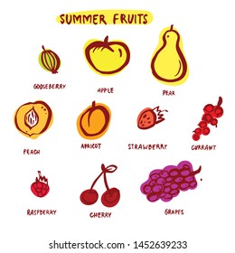 Brush strokes vector icons of summer garden fruits (apple, pear, peach, cherry, apricot, grapes, raspberry, strawberry, gooseberry, currant). Hand drawn vector design element. Vintage colors