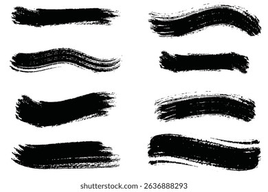  brush strokes vector illustration, abstract grunge texture on white background. Straight long hand drawn stripes background. Abstract black ink grungy lines, borders, emphasis underlines . 