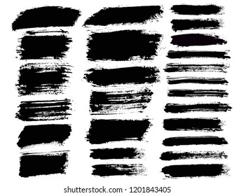 Brush strokes. Vector paintbrush set. Grunge design elements. Long text boxes. Dirty texture banners. Ink splatters. Painted objects.
