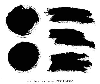 Brush strokes. Vector paintbrush set. Round grunge design elements. Long text boxes. Dirty texture banners. Ink splatters. Painted objects.