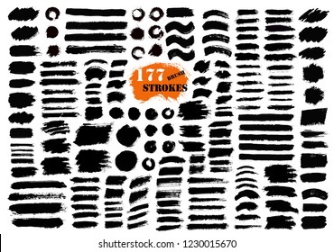 Brush strokes. Vector paintbrush set. 177 grunge design elements. Round and long text boxes. Circle dirty texture banners. Ink splatters. Diagonal painted objects.