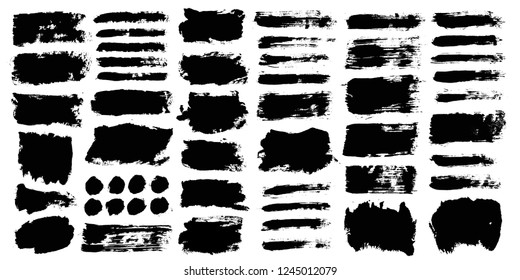 Brush strokes. Vector paintbrush set. Round grunge design elements. Long text boxes. Dirty distress texture banners. Ink splatters. Grungy painted objects.