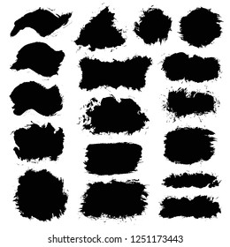 Brush strokes. Vector paintbrush set. Round grunge design elements. Long text boxes. Dirty distress texture banners. Ink splatters. Grungy painted objects.