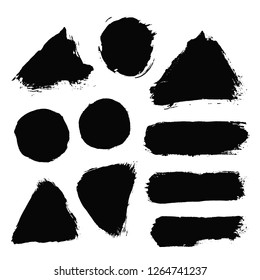 Brush strokes. Vector paintbrush set. Round grunge design elements. Long text boxes. Dirty distress texture banners. Ink splatters. Grungy painted objects.