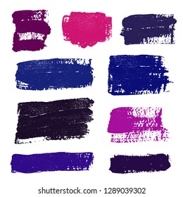 Brush strokes. Vector paintbrush set. Grunge design elements. Rectangle text boxes. Dirty distress texture banners. Ink splatters. Grungy painted objects.