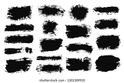 Brush strokes. Vector paintbrush set. Round grunge design elements. Long text boxes. Dirty texture banners. Ink splatters. Painted objects.