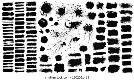 Brush strokes. Vector paintbrush set. Paint splats blotches. Round grunge design elements. Long text boxes. Circle dirty texture banners. Ink splatters. Diagonal painted objects. Blots with drops