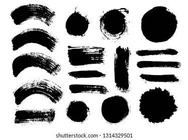 Brush strokes. Vector paintbrush set. Round grunge design elements. Long text boxes. Dirty texture banners. Ink splatters. Painted objects.