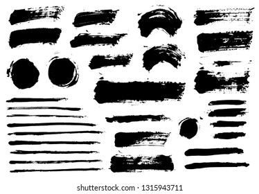 Brush strokes. Vector paintbrush set. Round grunge design elements. Long text boxes. Dirty texture banners. Ink splatters. Painted objects.