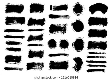 Brush strokes. Vector paintbrush set. Round grunge design elements. Long text boxes. Dirty texture banners. Ink splatters. Painted objects.