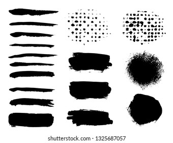 Brush strokes. Vector paintbrush set. Round grunge design elements. Long text boxes. Dirty texture banners. Ink splatters. Painted objects.