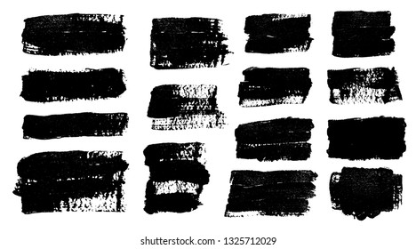 Brush strokes. Vector paintbrush set. Grunge design elements. Rectangle text boxes. Dirty distress texture banners. Ink splatters. Grungy painted objects.