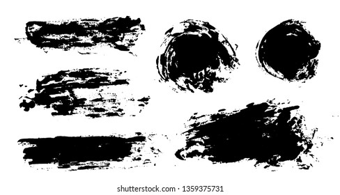 Brush strokes. Vector paintbrush set. Grunge design elements. Rectangle and round text boxes. Dirty distress texture banners. Ink splatters. Grungy painted objects.