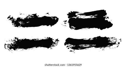 Brush strokes. Vector paintbrush set. Grunge design elements. Rectangle text boxes. Dirty distress texture banners. Ink splatters. Grungy painted objects.