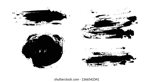 Brush strokes. Vector paintbrush set. Grunge design elements. Rectangle and round text boxes. Dirty distress texture banners. Ink splatters. Grungy painted objects.